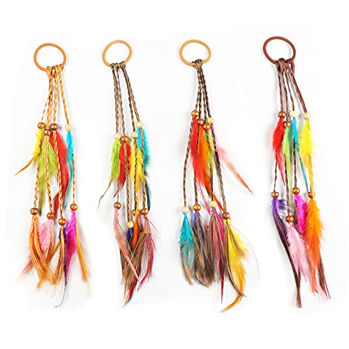 ICYANG Women Colorful Feather Hair Clips, Handmade Boho Hippie Hair Extensions Hair Rope with Elastic Hair Tie Ponytail Holder Hairpin Headdress, Set of 4