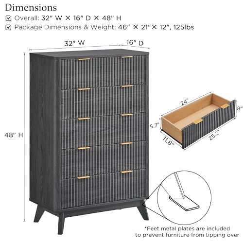 Image of T4TREAM Fluted 5 Drawers Dresser, 48 inch Tall Modern Chest of Drawers, Curved Profile Design, Wood Drawer Organizer for Bedroom, Living Room, Hallway, Entryway, Dark Alder