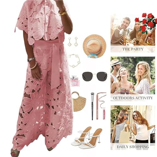 Elegance Floral Lace Cropped Shirt and Belt Pocketed Wide Leg Pants Set,Hollow Lace Women Sexy 2 Piece Outfits2