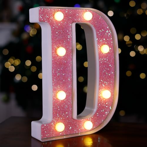 Image of LED Letter Lights Pink Glitter Marquee Letters Light Up Alphabet Letters Sign Battery Powered for Home Party Decoration Night Bar Wedding Birthday Christmas Lamp Girls Gift - Letter D