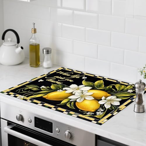 Image of Nuxovilar Stove Top Cover Glass Stove Top Cover Protector Lemon Floral Pattern Polyester Diatomaceous Earth Mixture 28.65x20.47inch Decorative Kitchen Mat Countertop, Dining Table, Coffee Bar