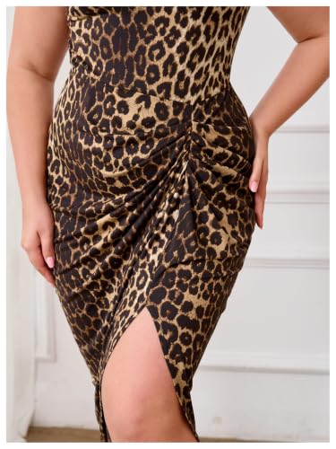 Image of Floerns Women's Plus Size Asymmetrical Neck Long Dress Ruched Slit Hem Cocktail Dress