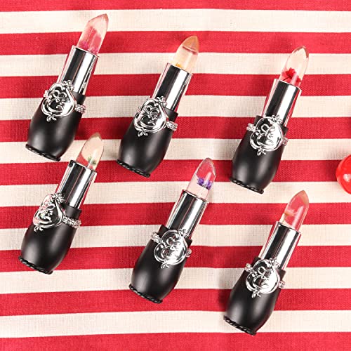 Firstfly Pack Of 6 Crystal Flower Jelly Lipstick, Long Lasting Nutritious Lip Balm Lips Moisturizer Magic Temperature Color Change Lip Gloss (Black) #TOP7