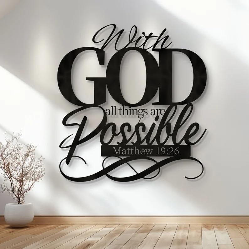 Image of BLIND SHOP Bible Verse Metal Matthew 19:26 Wall Decor for Home Decor | Wall Sculpture Home Decoration | Metal Art | Metal Wall Art | Home Wall Hangings Metal Decor (47 x 45 x 1.5 CM)