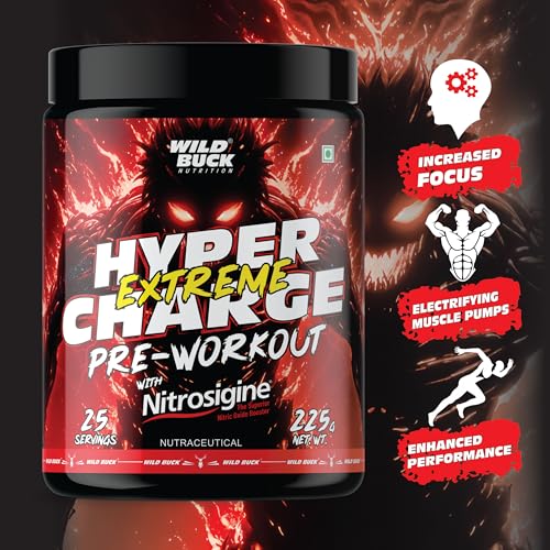 Image of Wild Buck Hyper Charge Extreme Pre-Workout with Nitrosigine - High Stim Energy, Pump, Strength & Focus | Energy Drink with- Beta-Alanine, L-Citrulline, Creatine, Caffeine, L-Theanine - Nitric Oxide Booster | Physical Performance for Gym or Sports [225g - 25 Servings, Strawberry Kiwi]
