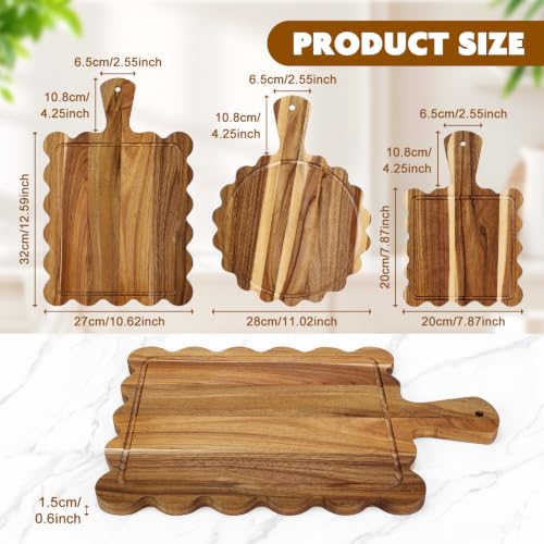 3 Pcs Wood Scalloped Cutting Board with Handle, Acacia Charcuterie Board Set Decorative Cutting Boards for Kitchen Counter Decor, Large Scalloped Edge Cheese Serving Tray for Party & Housewarming Gift - Image 2