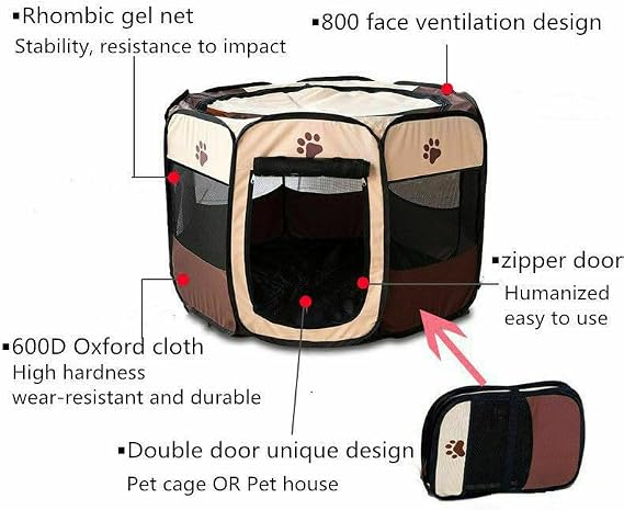 Portable Pet Playpen, Foldable Dog Cat Cage Indoor Puppy Play Pen, Breathable Mesh Pet Carrier Kennel Soft Tent For Large Dogs Travel Puppies Playpens (Pink/Beige, 91 * 91 * 58 cm)