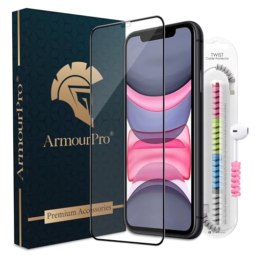 Image of ArmourPro Military Grade Gorilla Tempered Glass Compatible for iPhone 11 and iPhone XR with Edge-to-Edge Protector Coverage, Cable Protector and Easy Installation kit (6.1 Inch)