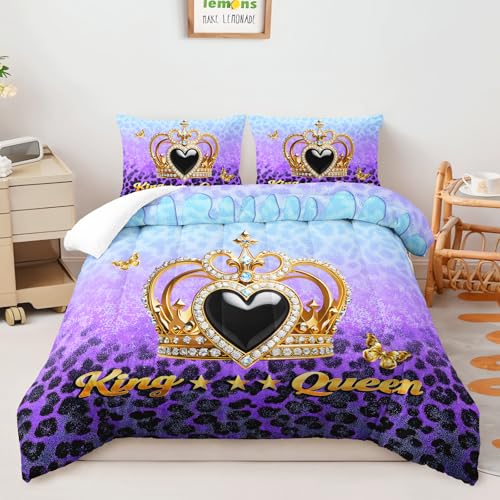 Image of AILONEN Gold Crown Comforter Set Full Size for Girls Women,Purple & Blue Gradient Leopard Print Bedding Set 3Pcs,King and Queen Quilt with 2 Pillowcases