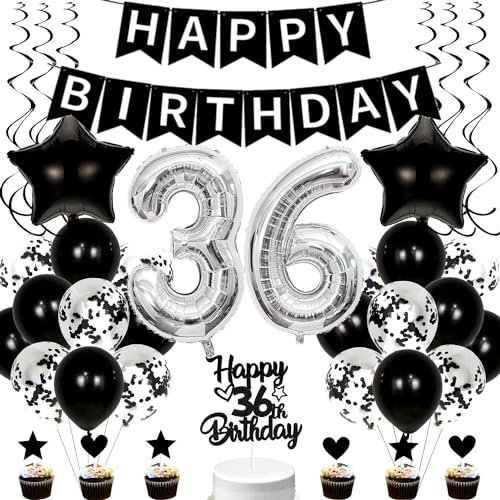 Conruich Ballon 36 ans Anniversaire Homme, Decoration Anniversaire 36 ans Homme Femme, Decoration de Gâteau Toppers Happy 36th Birthday Noir,Kit de Fournitures de Fête pour 36 ans Anniversaire Femme