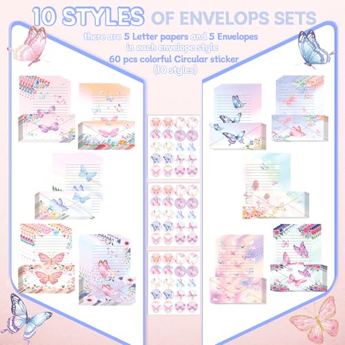 Image of TaoBary 160 Pcs Stationery Paper Set 50 Double Sided Stationery Papers with 50 Matching Envelopes and 60 Round Dot Sticker, 10 Design(Watercolor Butterfly,8.5 x 11 Inch)