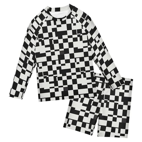 Black and White Buffalo Check Plaid Boys Rash Guard Swimsuits Set Long Sleeve Swim Shirts Bathing Suits B0403939