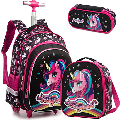 Egchescebo Zaino Trolley Scuola Elementare Crostaceo con Unicorno Bambina Ruote Regoli da Viaggio Carrello Porta per La Bimba Ragazza Seven Media Asilo Bambino Superiori Ragazza Rotelle 17' 3pcs Nero