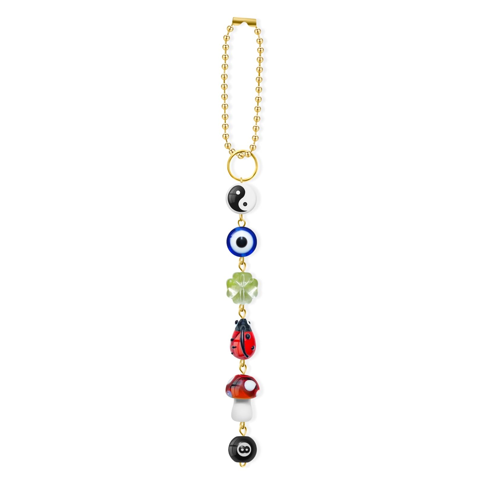 Evil Eye Car Hanging Ornament, Cute Car Charm for Rear View Mirror, Good Luck Decor with Four-Leaf Clover, Ladybug, 8 Ball, Mushroom, Yin Yang Symbo, and Boho Car Accessories