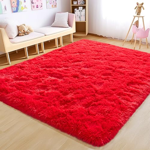 Fluffy 4x6 Rug - Nursery Rugs for Bedroom - Height Pile 1.4" Plush Rug - Fuzzy Throw Rugs Carpet for Bedroom - Red