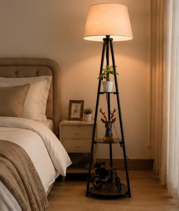 H B Trading Company Metal Tripod Floor Lamp with Storage Shelves | Linen Shade, Living Room Decor, Standing Light-image-4