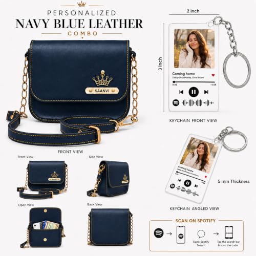 Image of SAVRI Personalized Rakhi Gift for Sister | Customized Leather Sling Bag with Name & Charm and Spotify Photo Keychain with Favourite Song, Personalised Gift Combo for Sister, Behan, Didi- Bro Sis Gift