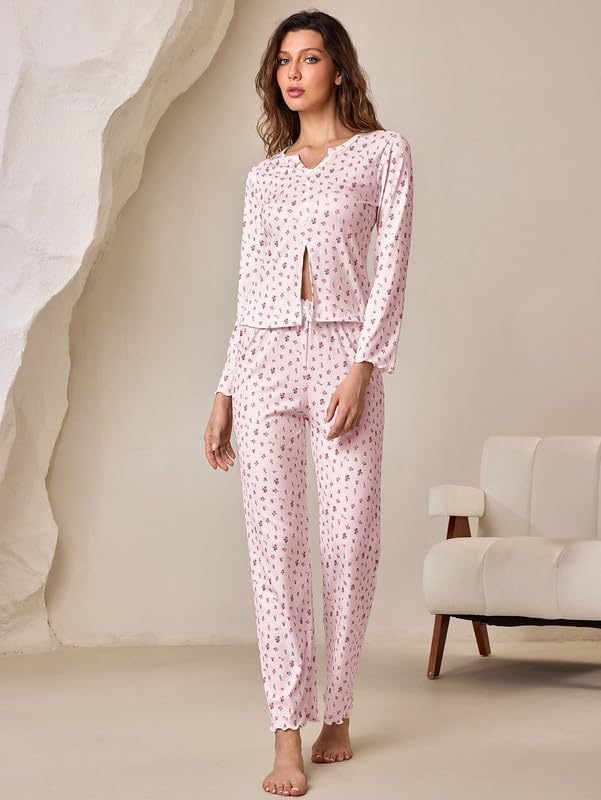 Women's Pajama 2 Piece Sets V-neck Lounge sets Cute Floral Print Loungewear Soft Long sleeve Pjs Button-Down Sleepwear S-XL - Image 3