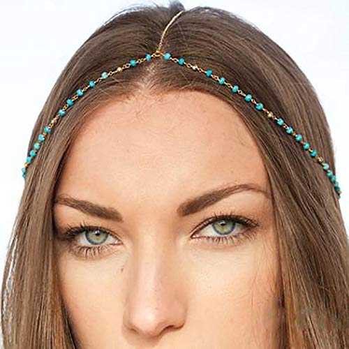 Fdesigner Turquoise Head Chain Boho Pendant Headdress Wedding Head Piece Bridal Gypsy Hair Jewelry (Gold)