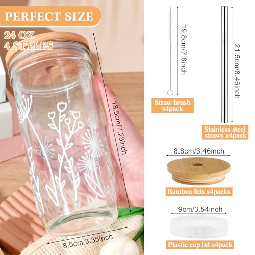 Mumufy 4 Pack Glass Tumbler, Aesthetic Flower Iced Coffee Mugs, 24 oz with Bamboo Lid & Straw