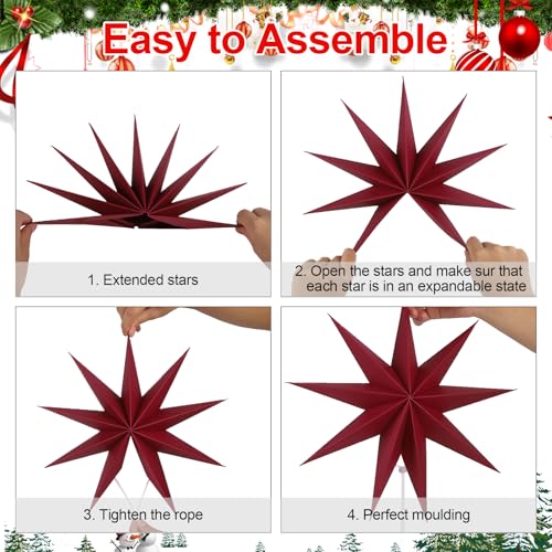 Image of 12 Inches 5 PCS Wine Red Paper Star Lanterns Christmas Party Decorations Hanging Stars Christmas Party Decorations Wedding Birthday Christmas Home Party Decorations(9 Pointed)