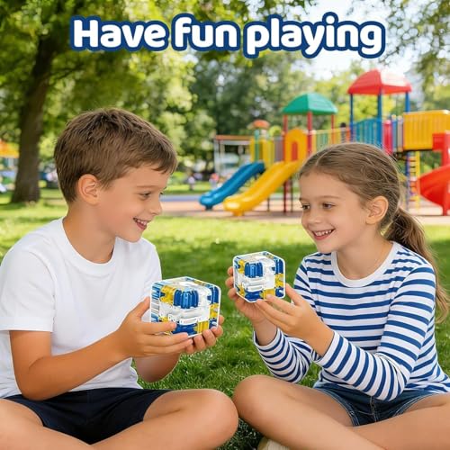 Image of 3D Maze Puzzle Cube with Metal Ball Inside - Transparent Handheld Marble Run Brain Teaser Game for Kids & Adults | Focus Skill Development Educational Toy and Stress Relief Challenge (Blue)