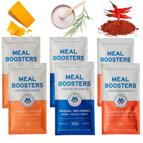 Meal Boosters MB Variety Pack Sampler Savory Protein Supplement Cheesy Cheese Buffalo Unflavored Grass-Fed Collagen Muscle Growth Tendon Ligament Hair Skin Repair Gut Health