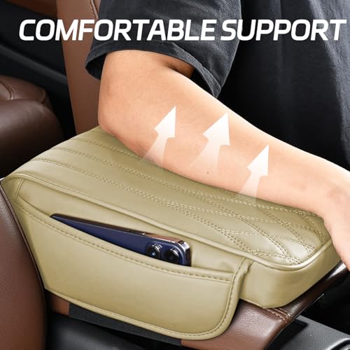 wuyaoyao Car Center Console Cover, Leather Car Armrest Box Cover, 12.6\"×8.7\"×2\" Arm Rest Pad with Pockets, Soft Auto Armrest Storage Box Protector, Universal Interior Car Accessories (Beige)