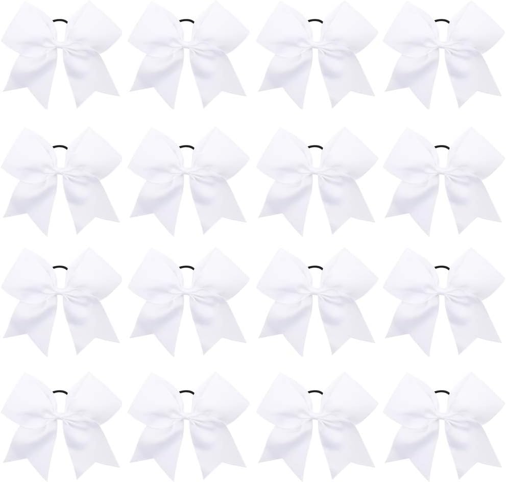16PCS 8" Large Cheer Hair Bows Ponytail Holder Elastic Band Handmade for Cheerleading Teen Girls College Sports (White, 1 Count (Pack of 16))
