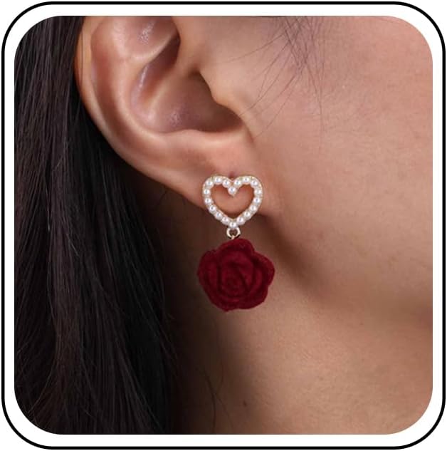 Bohemian Rose Pearl Heart Dangle Earrings Red Rose Flower Drop Earrings Velvet Camellia Flower Earrings Hollow Pearl Heart Stud Earrings Jewelry for Women Gifts