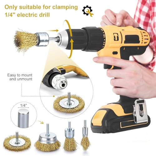 Image of Brass Wire Brush for Drill Rust Removal, Wire Wheel for Drill, Cup Brush and End Brush Set, Wire Brush Drills Attachments, 1 /4 inch Drill Shank, Carbon Steel Bristles (Brass Wire Brush, 28)
