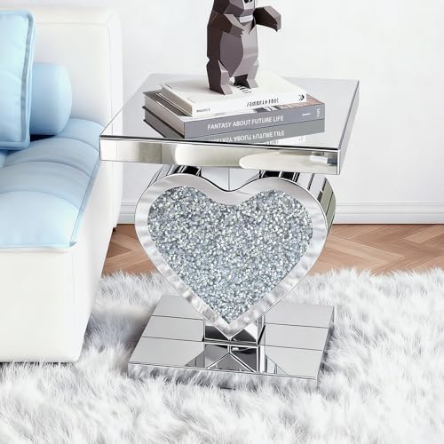 Mirrored Side Table, Stylish Heart-Shaped Rhinestone Decorative Table, 17.7×13.8x24 Inch Modern Style Small Coffee Table, Silver Glass Sofa Table, Suitable for Living Room, Bedroom, Office