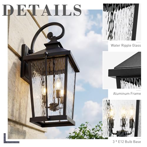 Image of zeyu 27 Inch Outdoor Wall Sconce, Large Exterior Wall Light for Porch Patio, 3-Light Outdoor Wall Lighting with Water Ripple Glass in Black Finish, ZW105B-L BK-SW