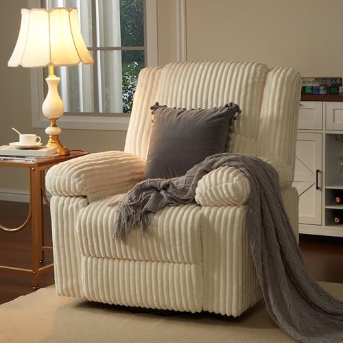 Image of Garvee Corduroy Recliner Chair, Manual Recliner Sofa with Handle, Pillow Top Arms, Thick Padding, Side Pocket, 330Lbs Capacity, Adjustable Recliner for Living Room, Bedroom, Home Theater, White
