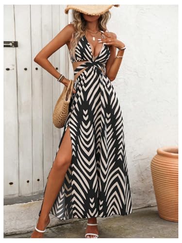 Image of SOLY HUX Women's Tie Backless Cut Out Halter Dress Deep V Neck High Split Long Flowy Dresses