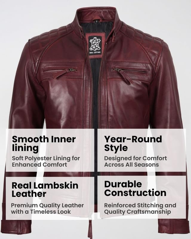 Image of Blingsoul Men's Leather Motorcycle Style Jacket - Quilted Cafe Racer Biker Style Jacket for Men