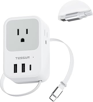 TESSAN USB C Charger Block, Multi Plug Wall Outlet Extender | 3 USB Ports, Retractable USB-C Cable, 3 Side Multi Port Adapter, For Cruise, Bathroom, Office, Dorm