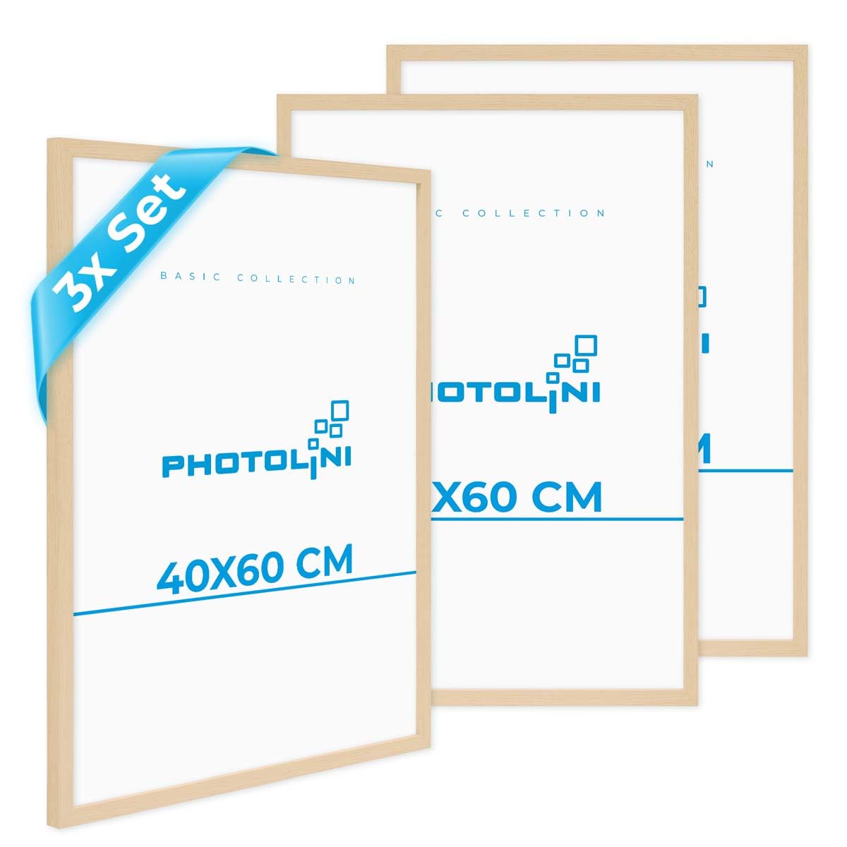 PHOTOLINI Marcos 40x60 cm madera MDF natural, set de 3 marcos para pósteres, cristal acrílico, para colgar, incluye accesorios - para fotos, láminas y pósteres