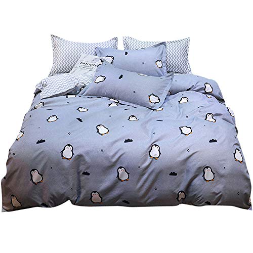 Loussiesd Parure de lit avec Housse de Couette en Microfibre, Motif Dinosaure, cerf, éléphant, Mignon, Chat et Pingouin, Microfibre, Pingouin, Single(no...