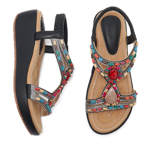 Women's Comfortable Sandal Bohemia Wedge Sandals with Rhinestone Beaded Ankle Strap Sandals Beach3