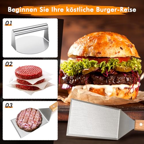 LEFUYAN Smash Burger Set 4-Teilig Burger-Set Edelstahl-Burgerpresse mit 50 Blatt Paraffinpapier Burgerglocke Melting Dome Burger Breite Spachtel Grill Zubehör für Outdoor und Indoor