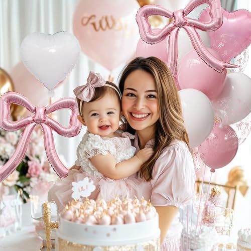 Image of Pink Bow Balloon Party Decor,Pink & White Bow Print Balloons for Girls Just Wanna Be One,Bridal Shower Coquette Birthday Decorations for Girls, Women, Baby Shower