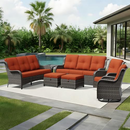 Image of Joyside 7 Piece Wicker Patio Furniture Set, Outdoor Swivel Rocker Patio Chairs with High Back, Deep Seating, Wide Armrest, Thickened Cushions, Outdoor Furniture for Deck, Porch Use