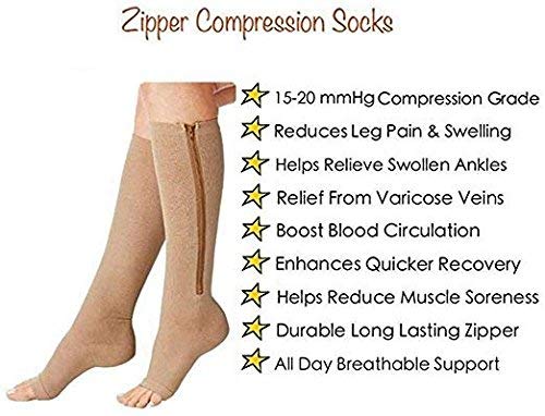 (2 pairs) Compression Socks Zipper Socks with Open Toe Best Support Zipper Stocking (Deep Beige, XXL)