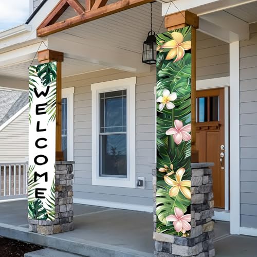 Image of BlissYard 2pcs Welcome Summer Door Banner Hawaiian Porch Banners Sign Summer Sunshine Hibiscus Floral Front Door Hanging Decor Banner for Seasonal Home Hawaii Tropical Party Outdoor Decorations