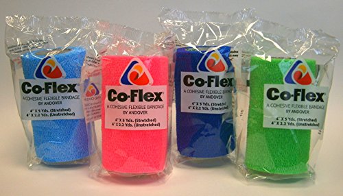 Co-Flex 4 Inch Cohesive Flexible Bandage 4" x 5 yards (Pack of 4 Rolls) Assorted Colors