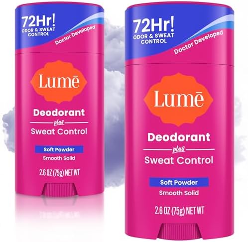 Lume Deodorant Plus Sweat Control - Smooth Solid Stick - Extra Strength Antiperspirant - 72 Hour Odor And Sweat Control - Baking Soda Free, Skin Loving - 2.6 ounce (Soft Powder) Pack of 2
