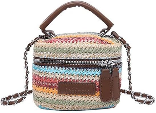 Womens Colorful Straw Crossbody Bag with Chain Strap Stylish Versatile Handbags