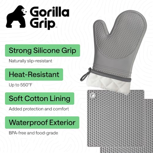 Image of GORILLA GRIP BPA-Free Soft Silicone Oven Mitts and Pot Holders Sets of 4, Heat Resistant Waterproof Cooking Gloves, Thick Cotton Lining, Flexible Gripping for Baking Grilling, Kitchen Trivets, Gray