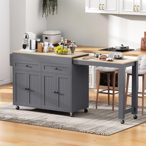 Yihomfy Îlot Central Cuisine avec Plan de Travail Extensible 112-180,5×45×92,2 cm, Table de Bar Extensible avec Rangement, 2 Tiroir et 4 Porte, pour 4-6...